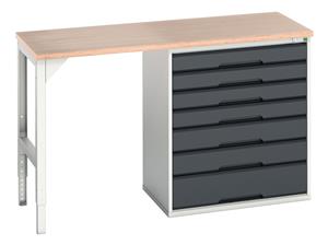verso pedestal bench with 7 drawer 800W cab & mpx worktop. WxDxH: 1500x600x930mm. RAL 7035/5010 or selected Verso Pedastal Benches with Drawer / Cupboard Unit
